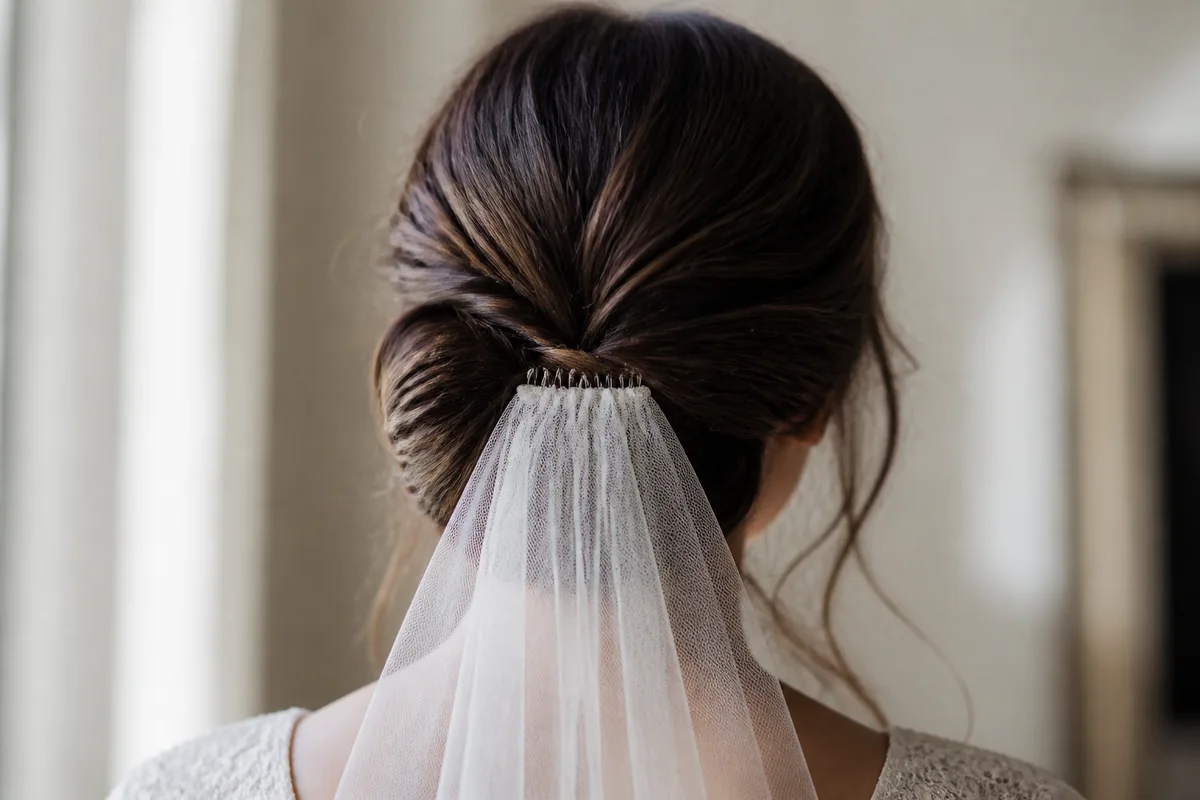 Voile de mariée en tulle fin posé sur un chignon bas