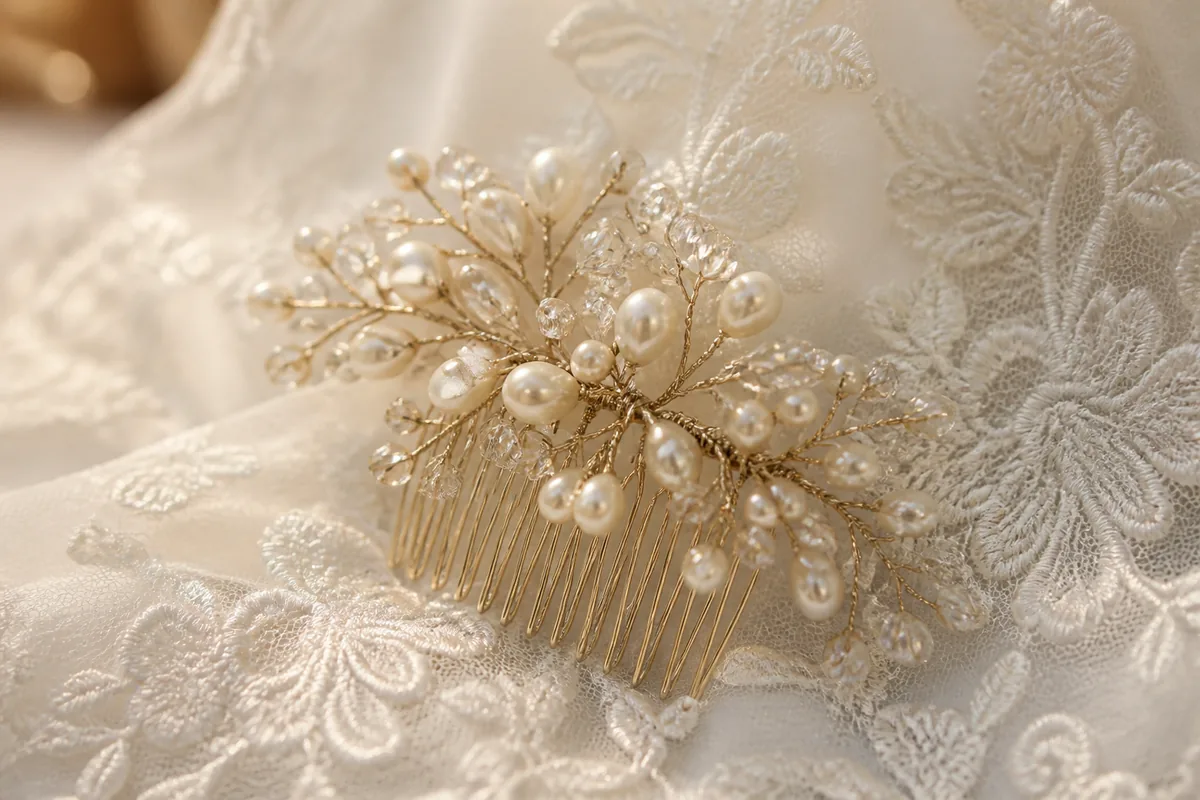 Peigne à cheveux perlé posé sur un tissu de dentelle claire