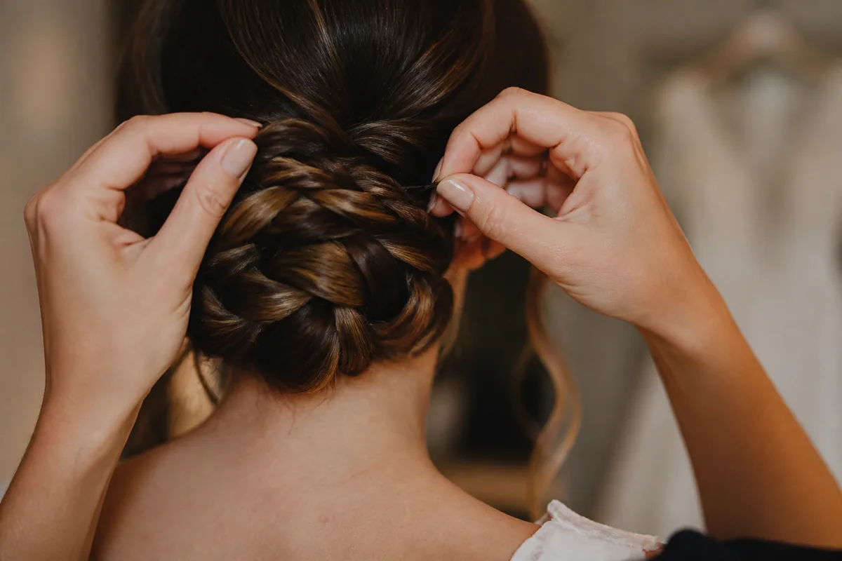 Mains retirant délicatement les épingles d&rsquo;un chignon de mariée
