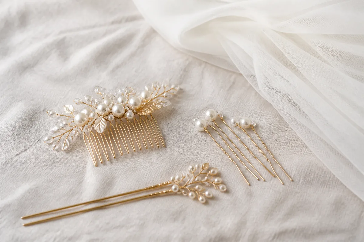 Accessoires cheveux de mariée : voile, peigne et tenue