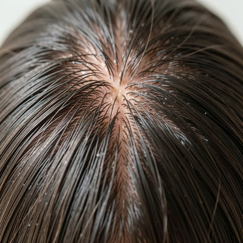 Racines de cheveux luisantes de sébum vues de près sur une chevelure lisse