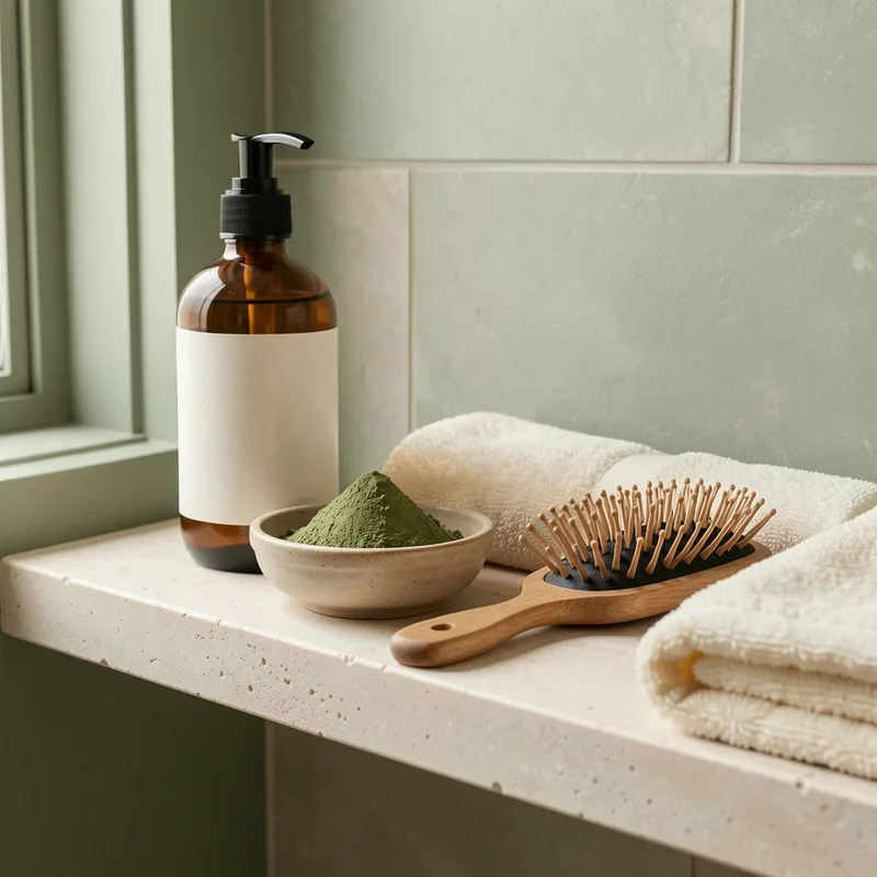Flacon de shampooing et bol d&rsquo;argile verte posés sur une tablette de salle de bain