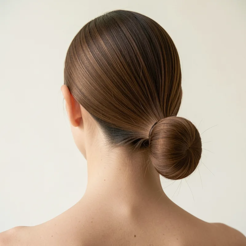 Chignon bas net réalisé sur des cheveux plaqués, vu de dos en lumière naturelle