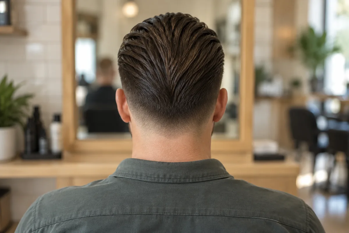 Homme de dos devant un miroir, cheveux plaqués en arrière et nuque dégradée