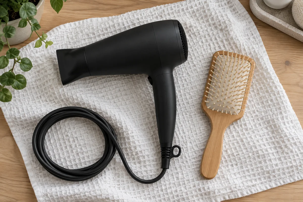 Sèche-cheveux et brosse plate posés sur une serviette claire