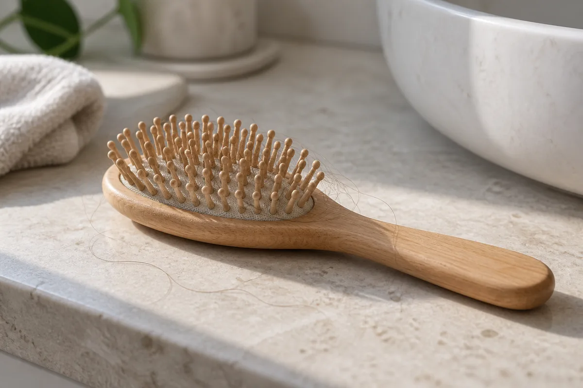 Brosse à cheveux en bois posée sur une tablette claire avec quelques cheveux longs