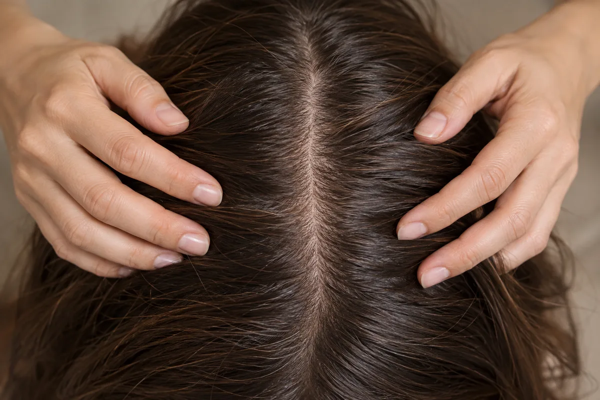 Mains de coiffeuse séparant une raie sur une chevelure vue de dessus