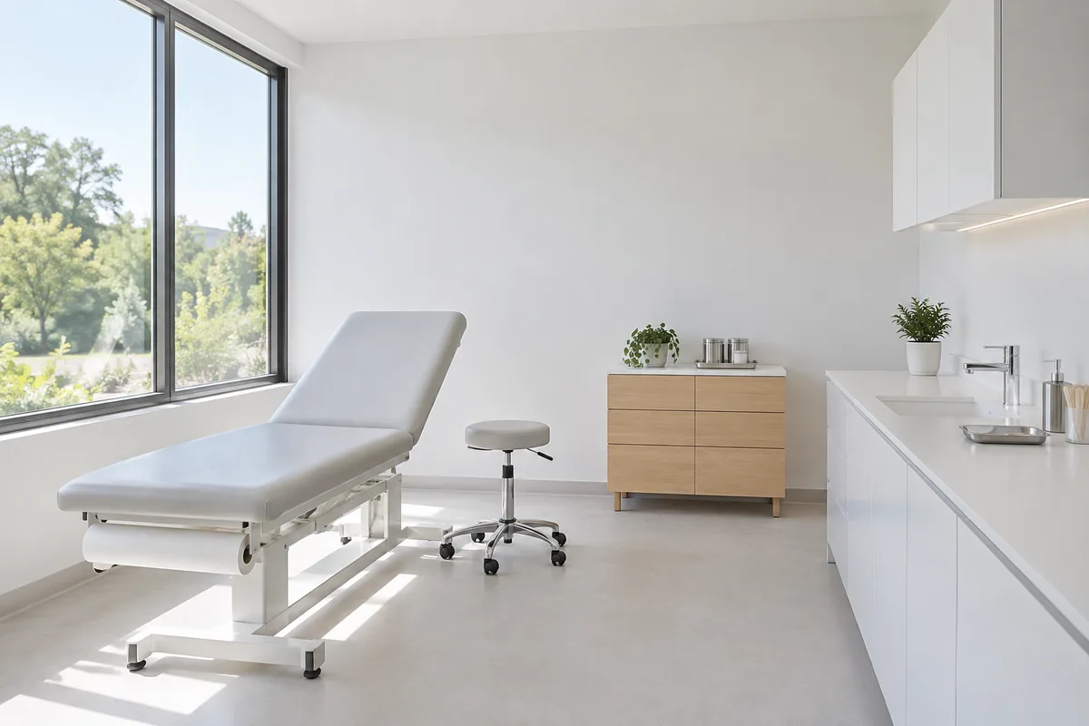 Cabinet médical vide et lumineux avec un fauteuil d’examen près d’une fenêtre