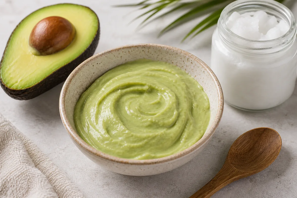 Ingrédients naturels pour un masque cheveux maison disposés sur une table
