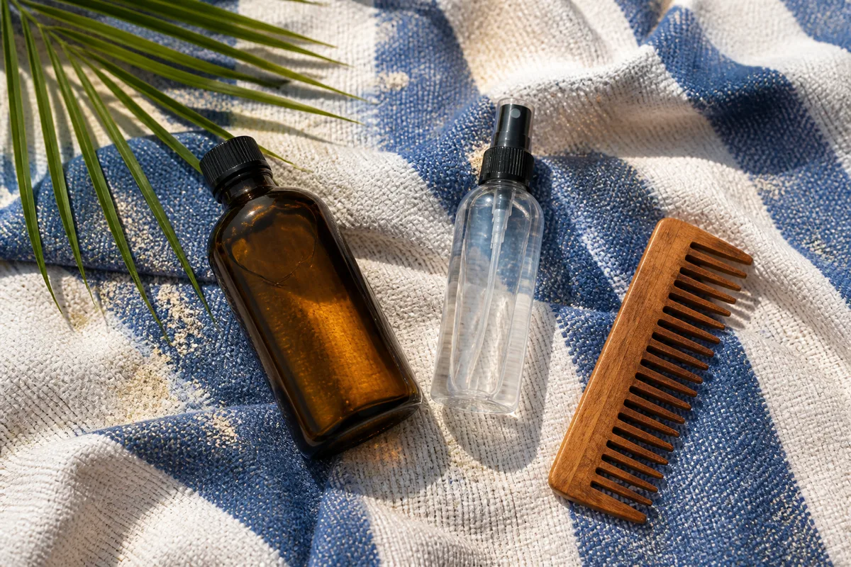 Flacons de soins capillaires et huile végétale posés sur une serviette de plage