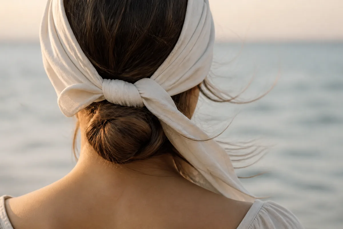 Longueurs de cheveux enveloppées dans un foulard clair face à la mer
