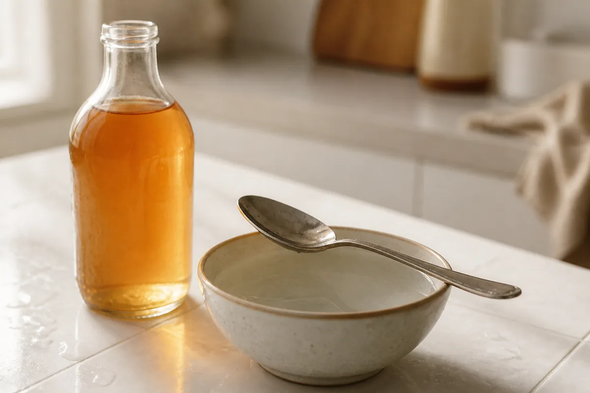 Bouteille de vinaigre de cidre et bol d&rsquo;eau posés sur le rebord d&rsquo;une salle de bain claire