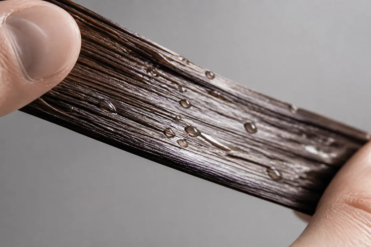 Détail de gouttes d&rsquo;eau perlant sur une mèche de cheveux lisses et brillants, fond neutre
