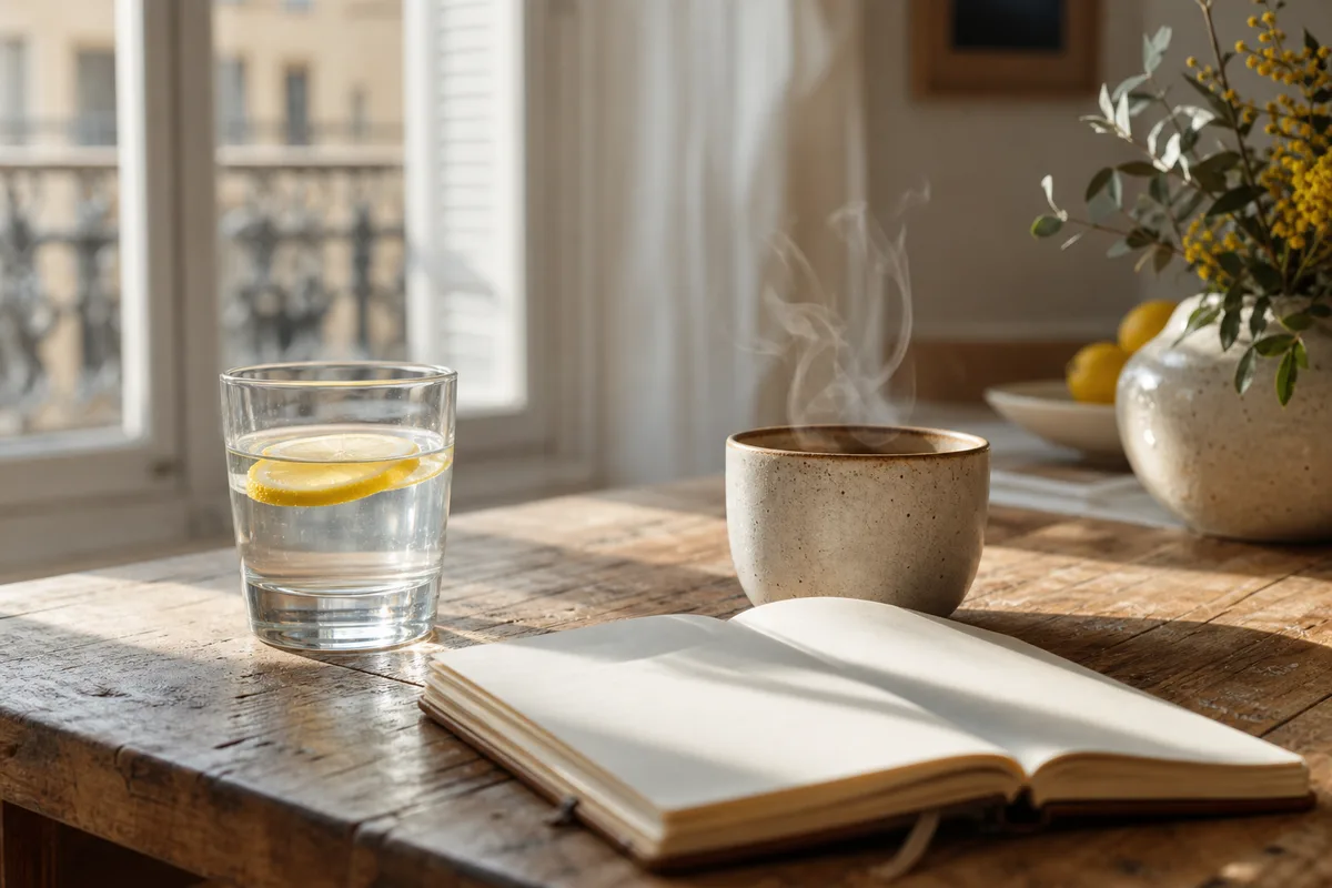 Verre d&rsquo;eau tiède au citron et carnet posés sur une table en bois au lever du jour