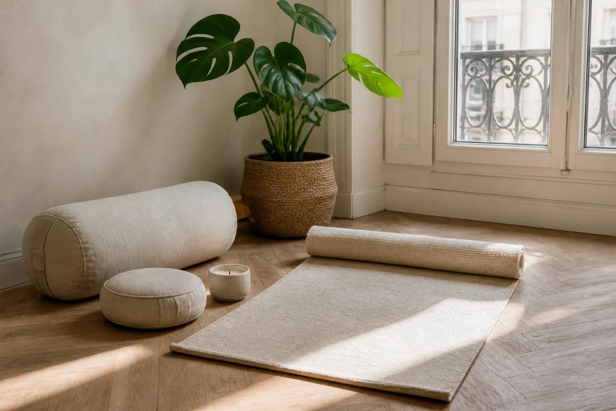 Coin yoga aménagé à la maison avec tapis en fibres naturelles, coussin de méditation et bougie