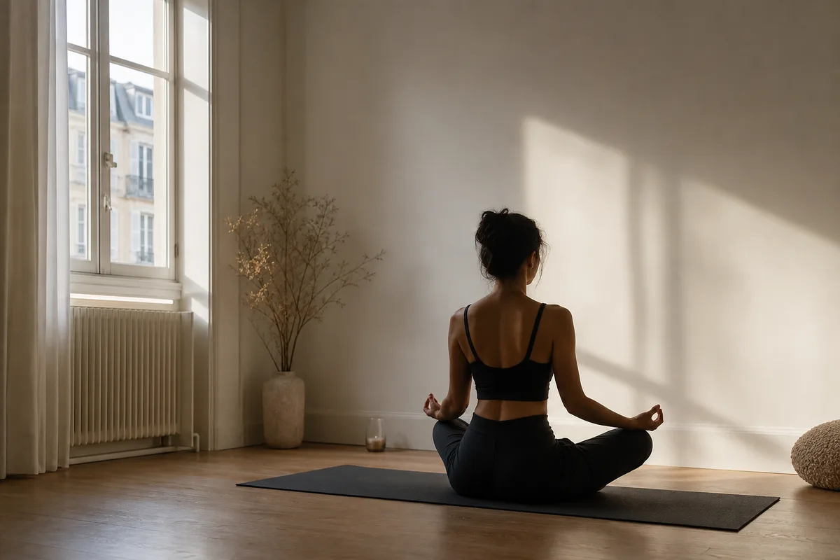 Personne assise en tailleur les yeux fermés pratiquant une respiration profonde sur son tapis