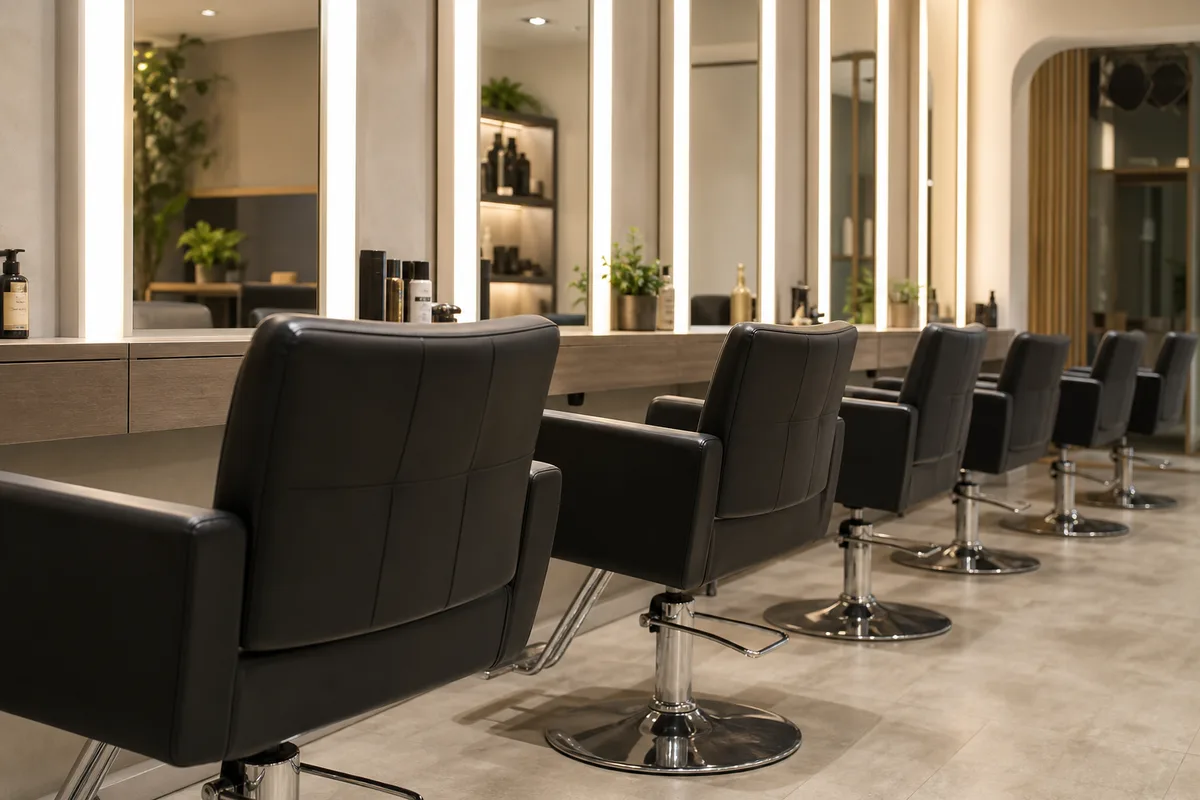 Salon de coiffure moderne avec fauteuils et miroirs éclairés