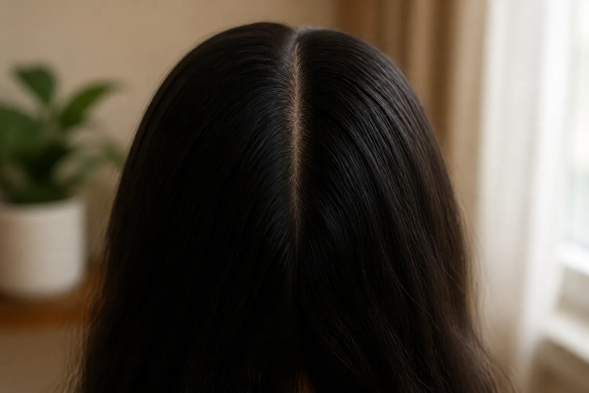 Massage du cuir chevelu vu de dos, geste doux et régulier