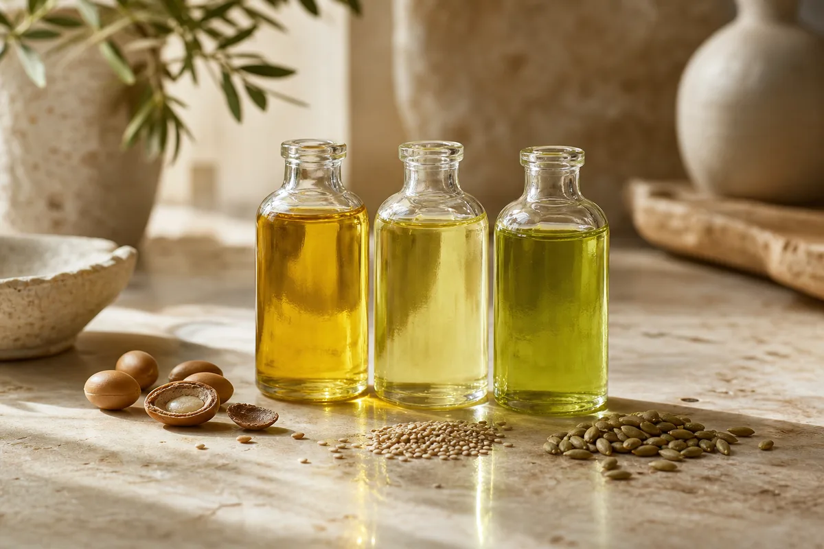 Petites bouteilles d&rsquo;huiles végétales pour fortifier la fibre capillaire